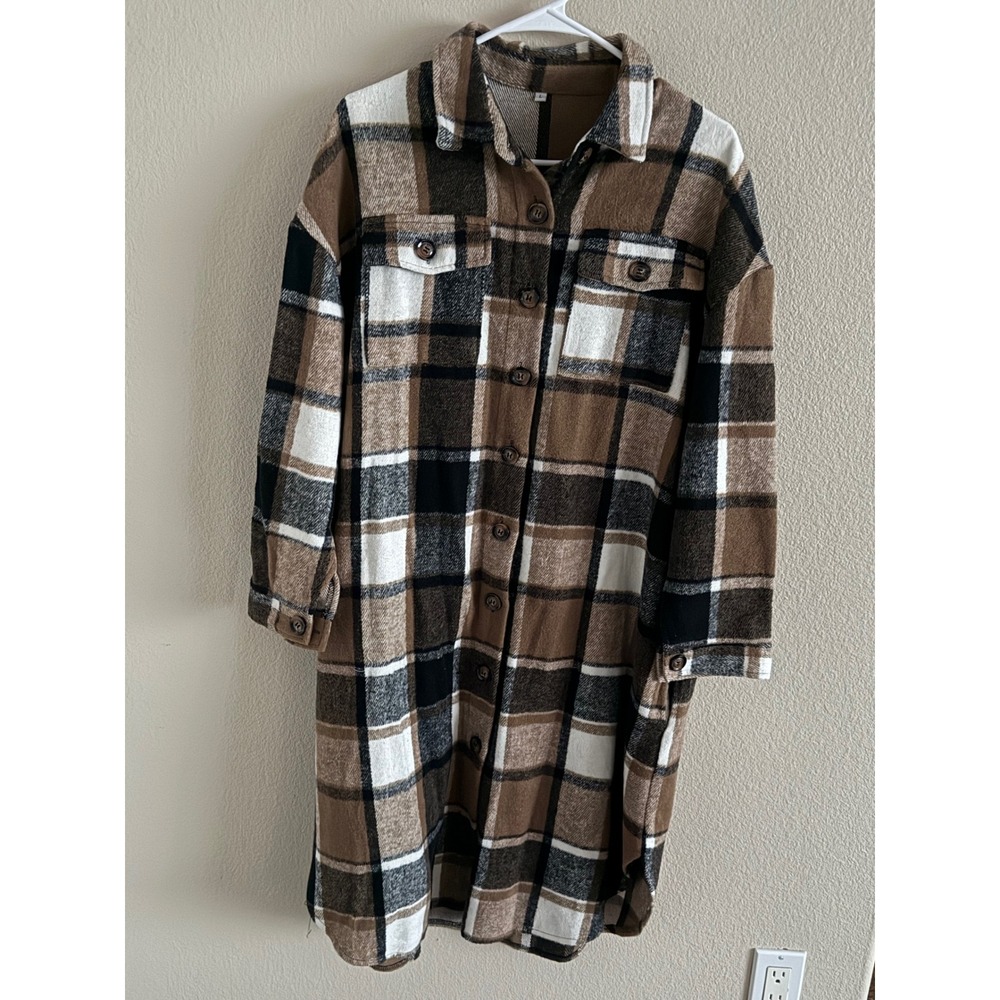 NWOT Women's Brown & Black Plaid Shacket Oversized Button Down Shirt Jacket